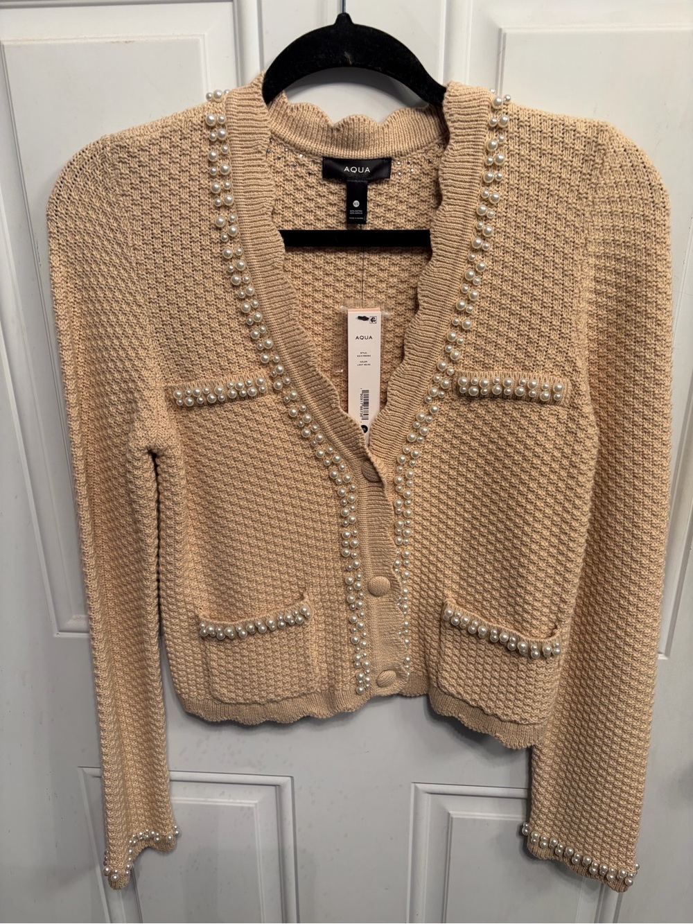 Aqua Pearl-Trim Beige Knit Cardigan